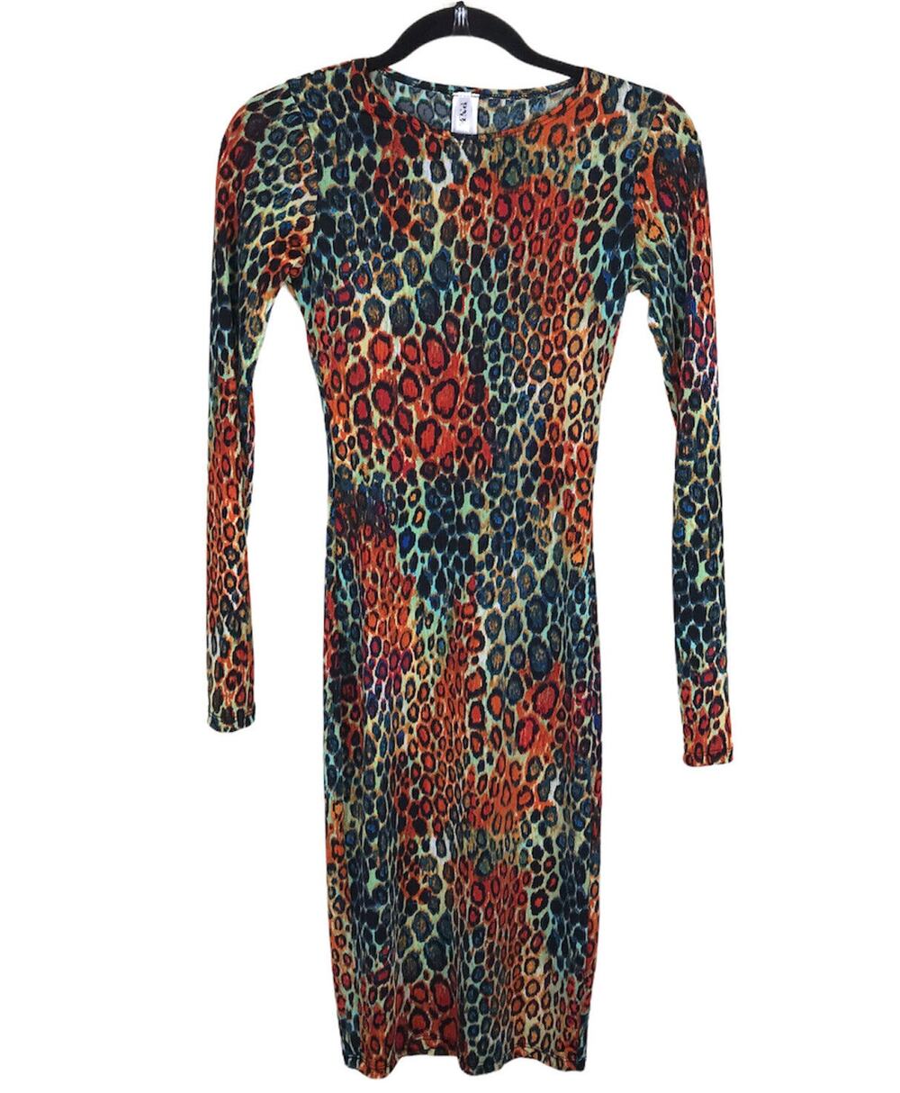 PNM PNK Women's Colorful Leopard Print Long Sleeve Boat Neck Bodycon Midi Dress